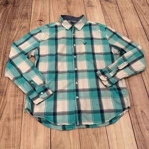 American Eagle Outfitters Teal and White Plaid Classic fit Shirt/size L